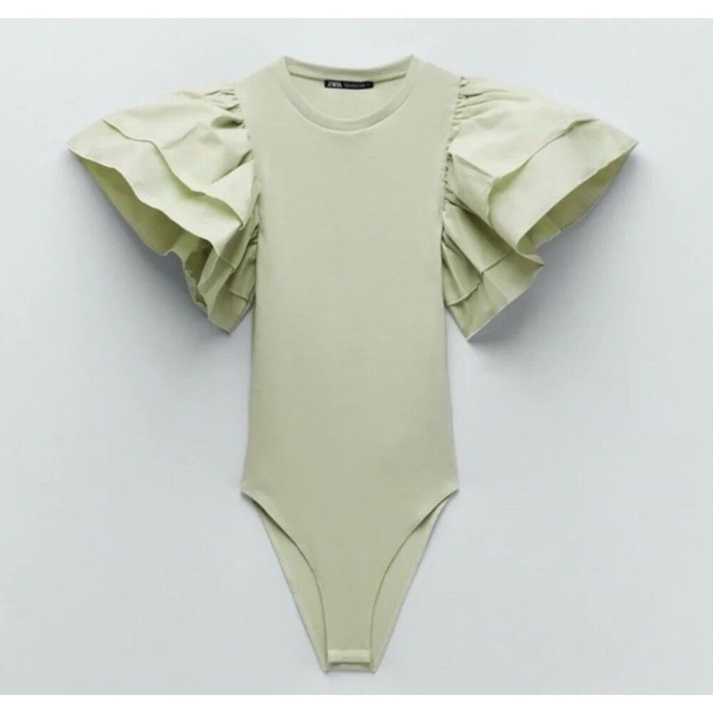 Zara Women's Sage Green Puff Sleeve Ruffle Bodysuit Size Small Boho Cottage